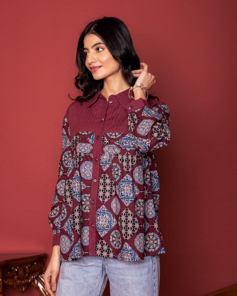 Marron Cotton Collar Short Top For Women's