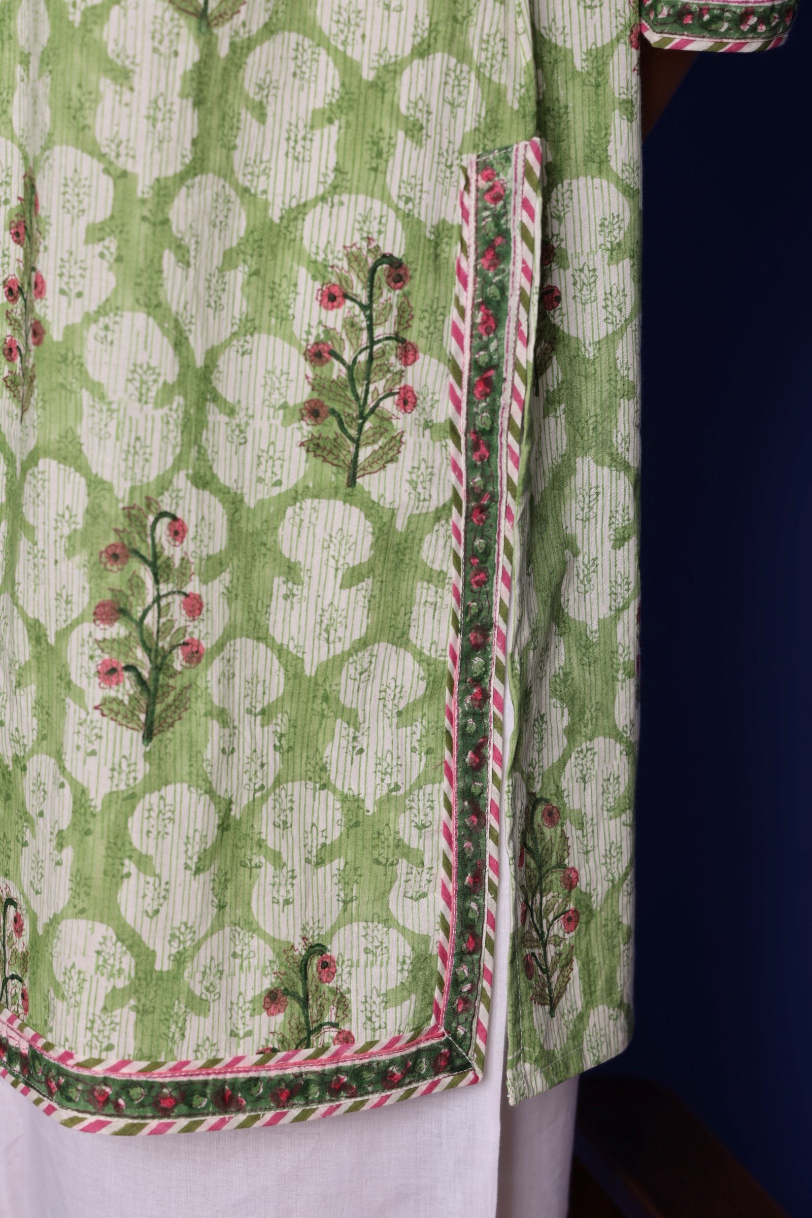 Sea Green Cotton Round Handblock Short Top For Women's
