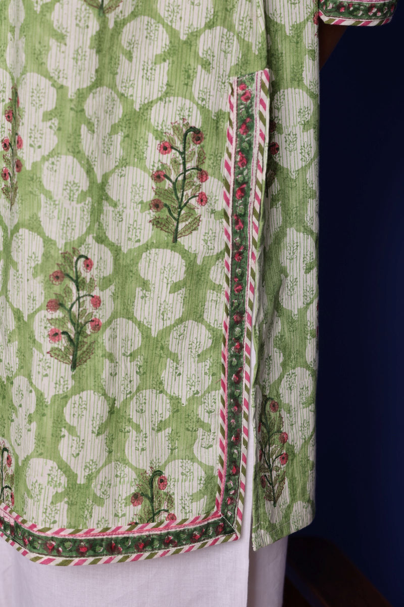 Sea Green Cotton Round Handblock Short Top For Women's