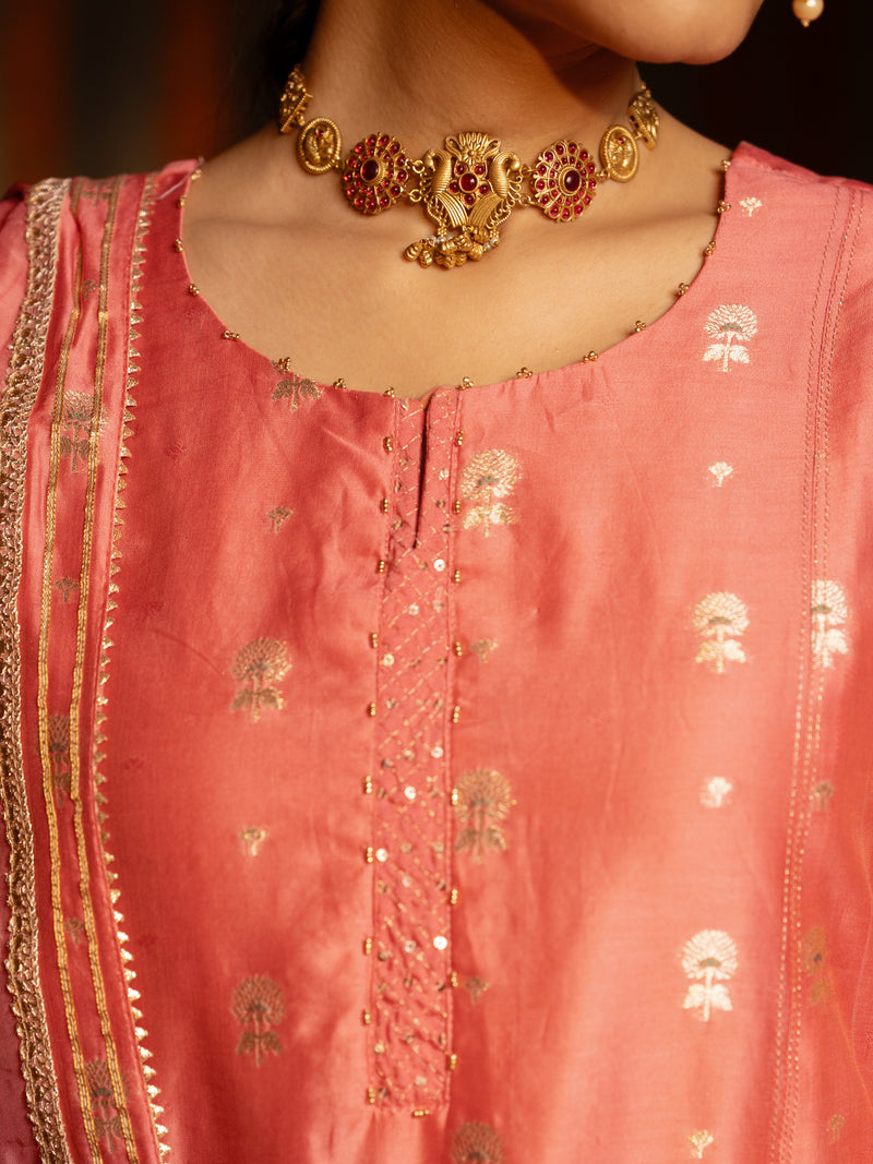 Peach Pure Chanderi Round Neck Complete Suit Set For Women's