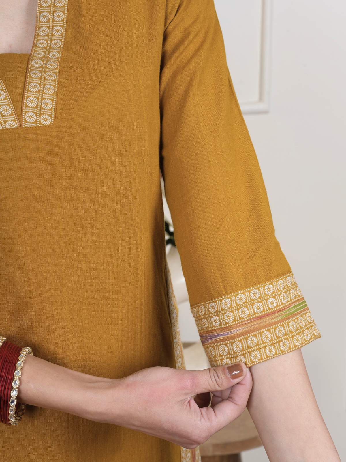 Mustard South Handloom Kurta Pant Set For Women's