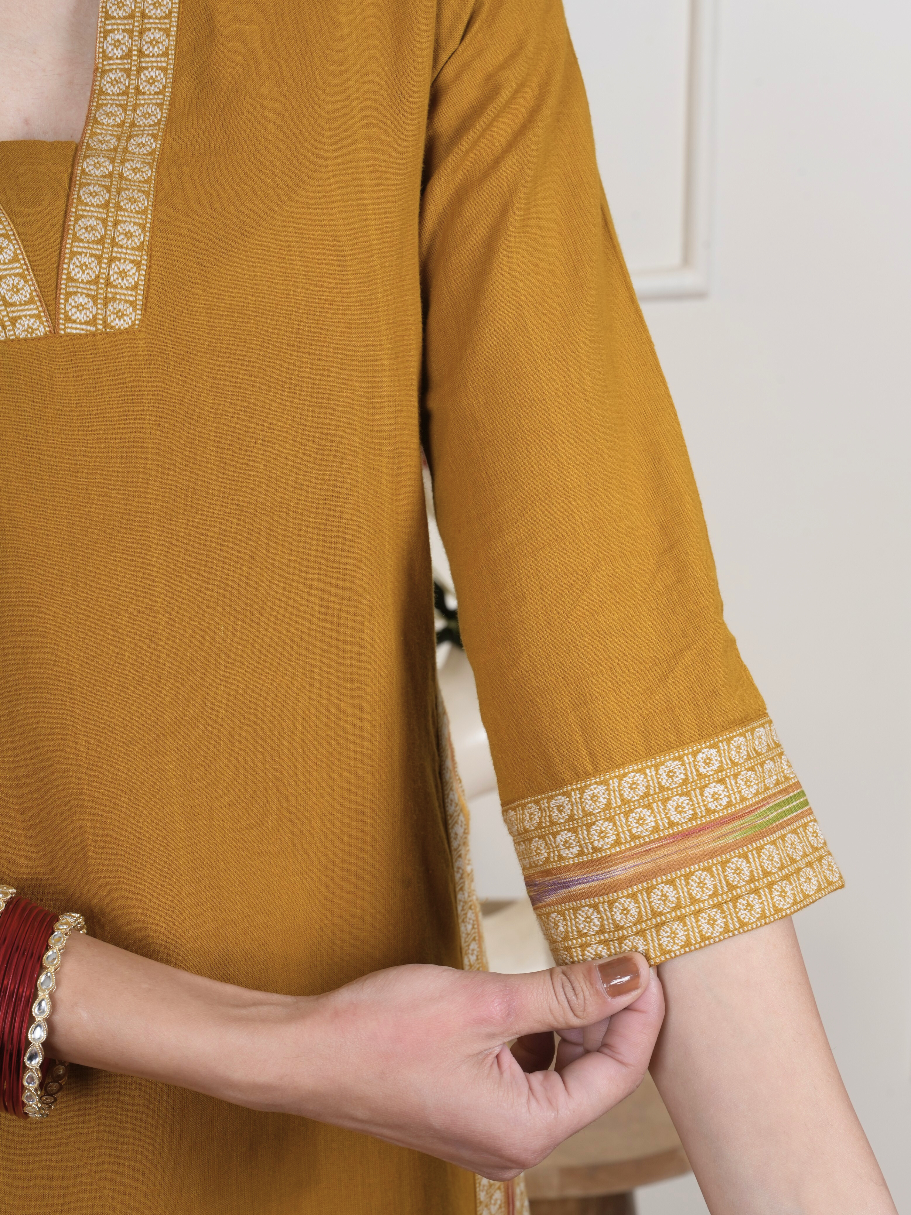 Mustard South Handloom Kurta Pant Set For Women's