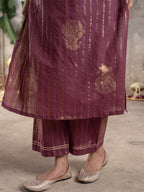 Purple Cotton Lurex V-Neck Kurta Pant Set For Women's