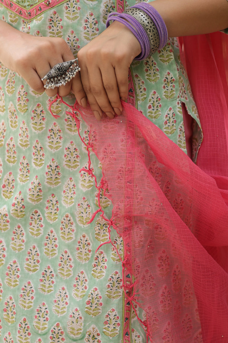 Light Pista Green Handblock Printed Kurta For Women's