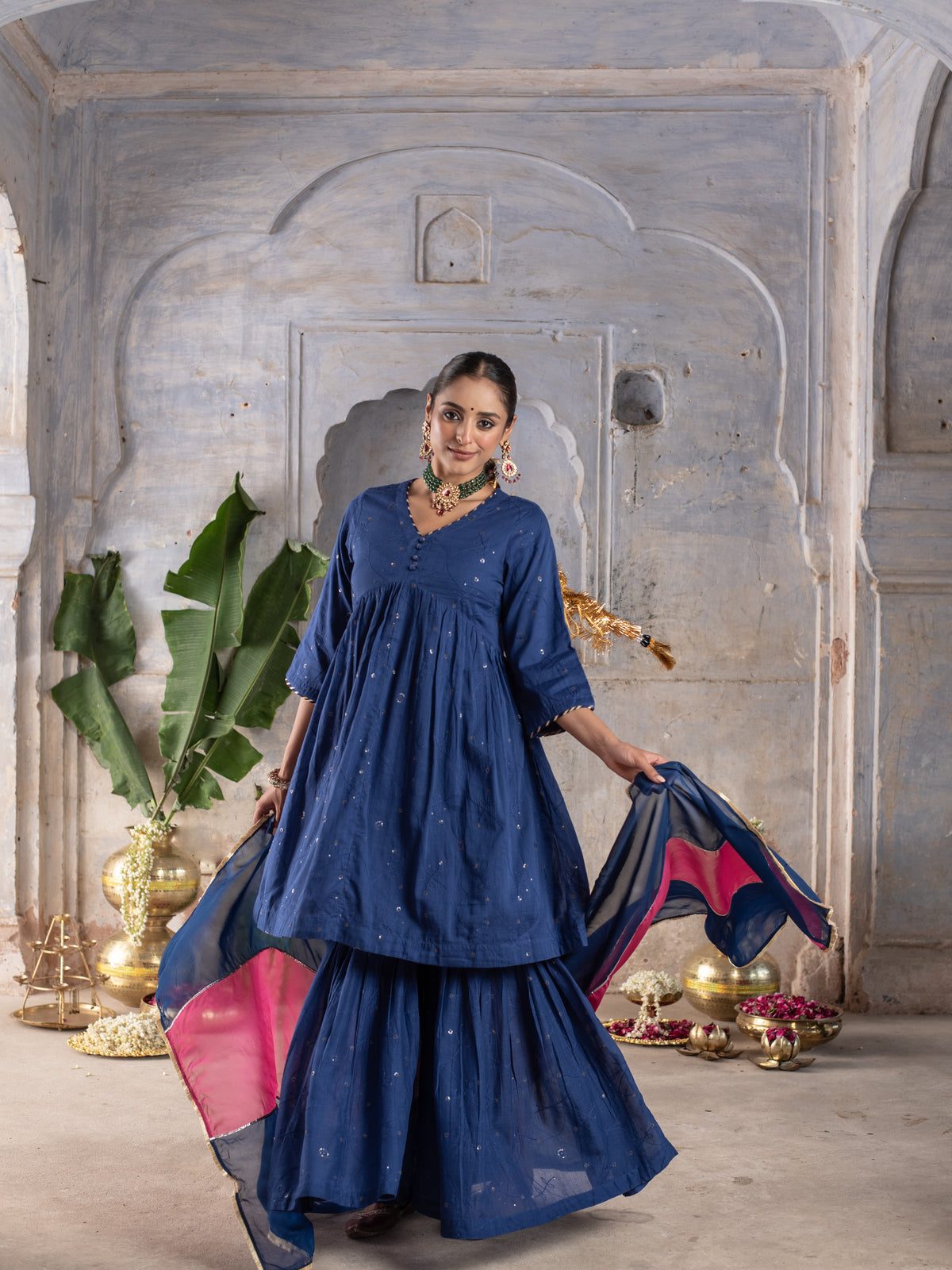 Royal Blue Cotton Complete Suit Set For Women's