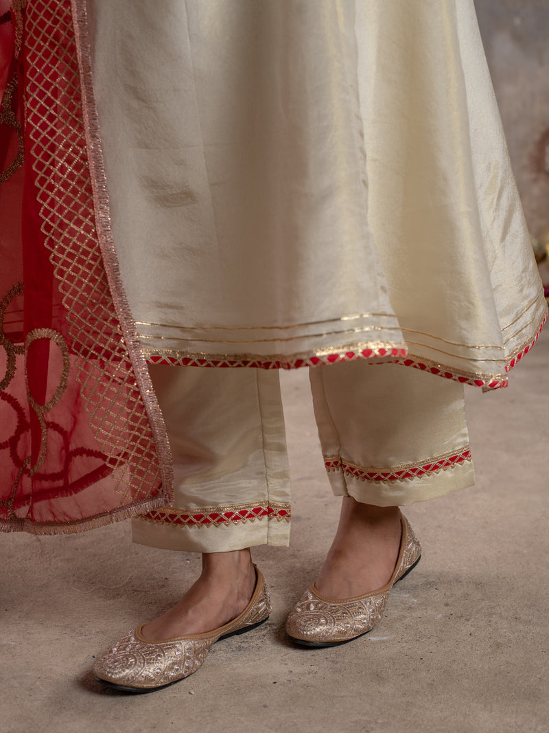 GOLD & RED TISSU SHIMMER COLLAR NECK ALL OVER WITH  GOTA WORK DUPATTA FULL SET