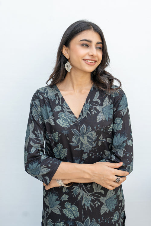 Black Cotton Floral Print Kurta For Women's