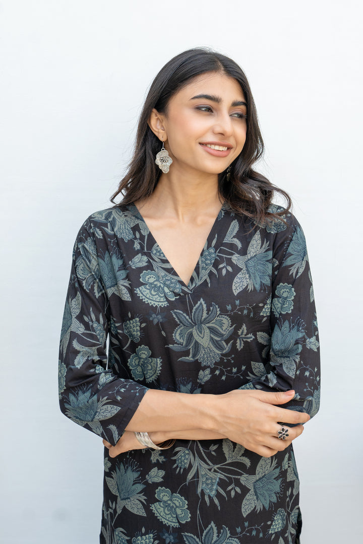 Black Cotton Floral Print Kurta For Women's