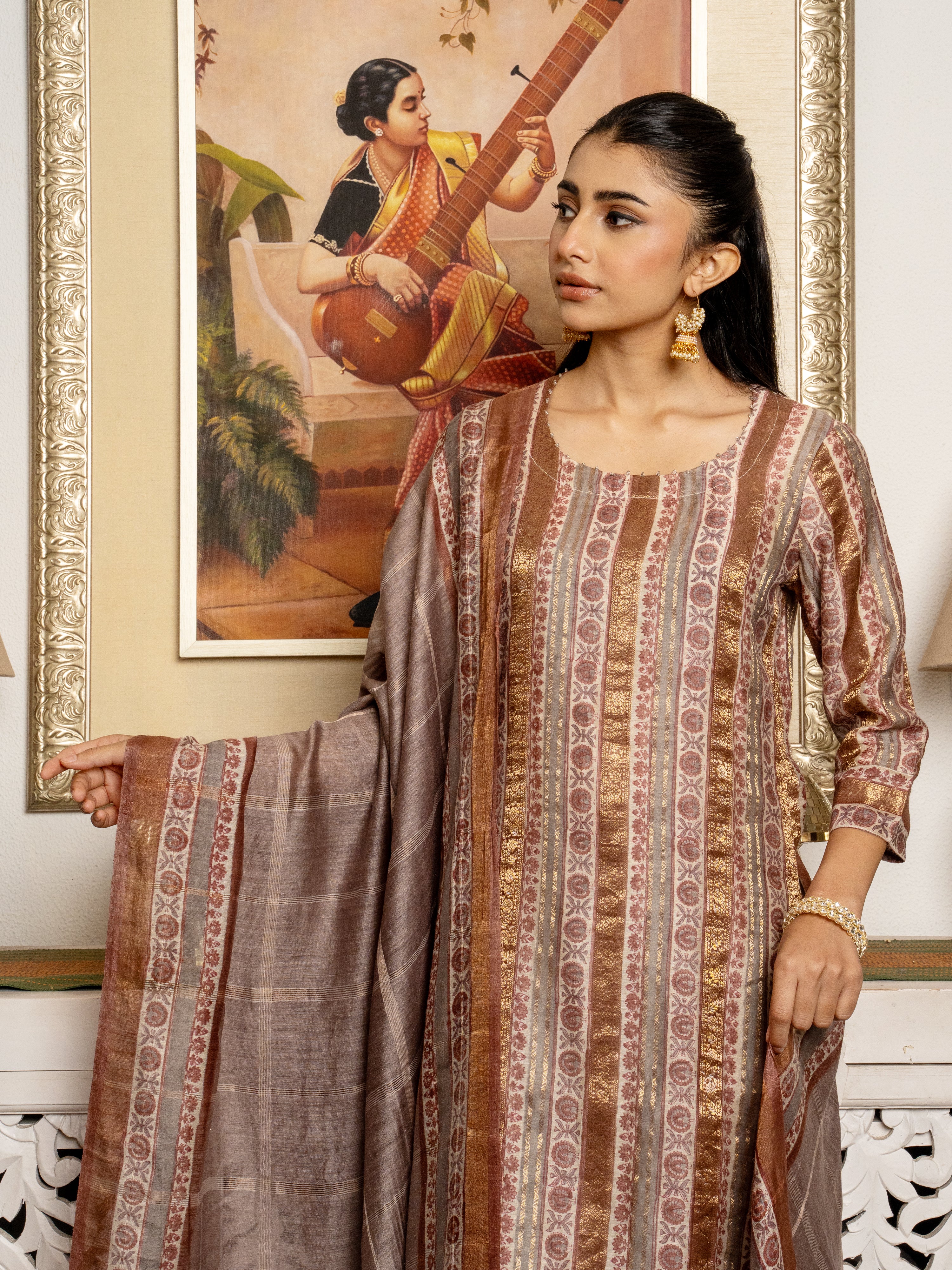 Multi Colour Tussar Silk Handblock Print Round Neck Complete Suit Set For Women's