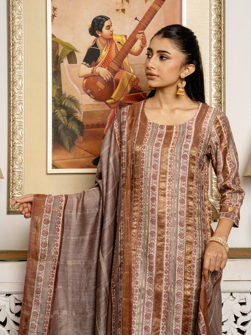 Multi Colour Tussar Silk Handblock Print Round Neck Complete Suit Set For Women's