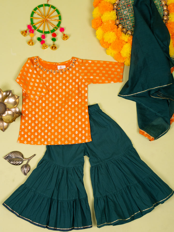 Orange Banarasi Chanderi Kurta Shrara Dupatta Set For Girls