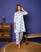 MULTICOLORED STRIPES LINEN BLEND SHIRTCOLLOR NECK FLORAL  KURTA PANT SET