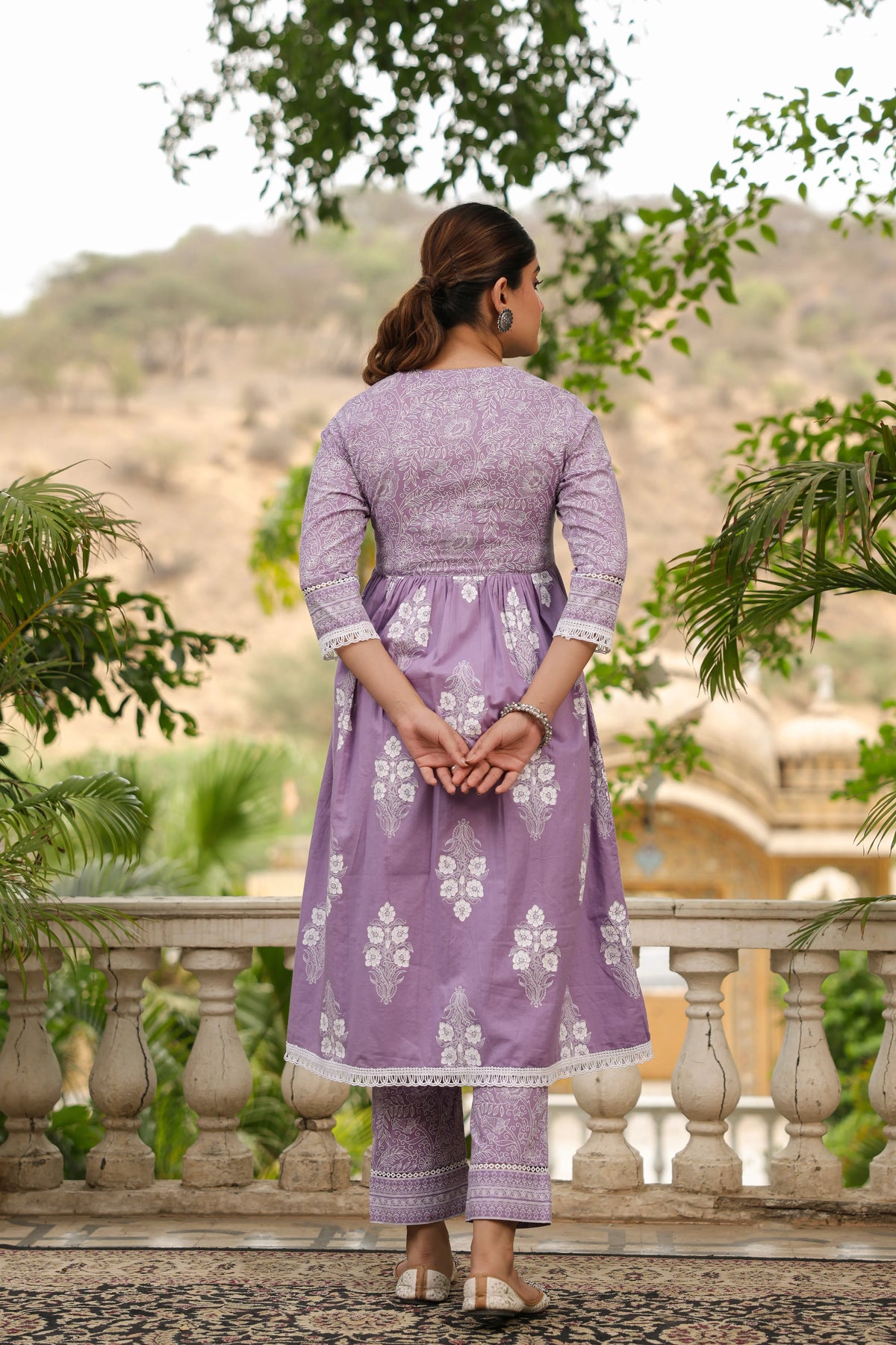 LAVENDER COTTON V NECK KHADI PRINT KURTA PANT SET