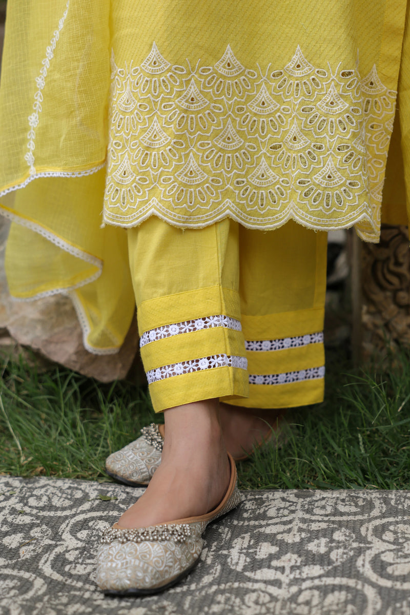 Lemon Yellow Kurta Cotton Dobby-Pant Cotton - With Kota Doriya Dupatta