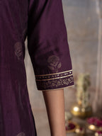 BRINJAL CHANDERI ROUND WITH V-CUT KURTA ALL OVER HIGHLIGHTED WITH ROGAN GOLD WORK FULL