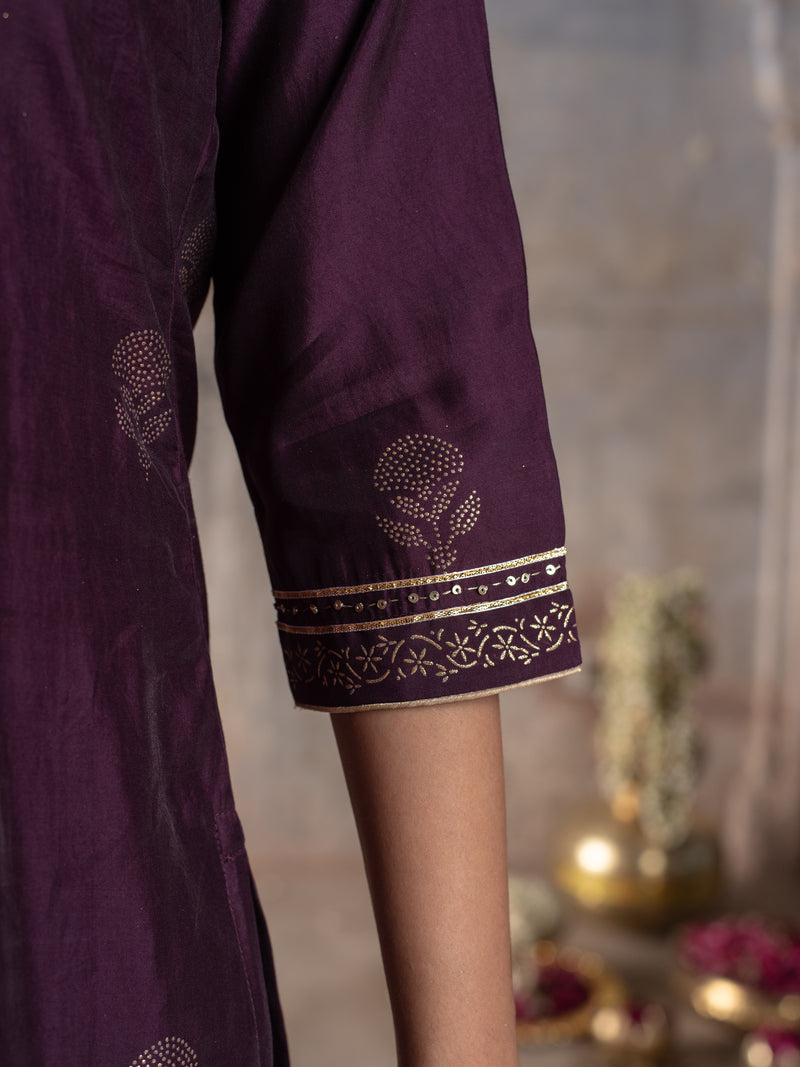 BRINJAL CHANDERI ROUND WITH V-CUT KURTA ALL OVER HIGHLIGHTED WITH ROGAN GOLD WORK FULL