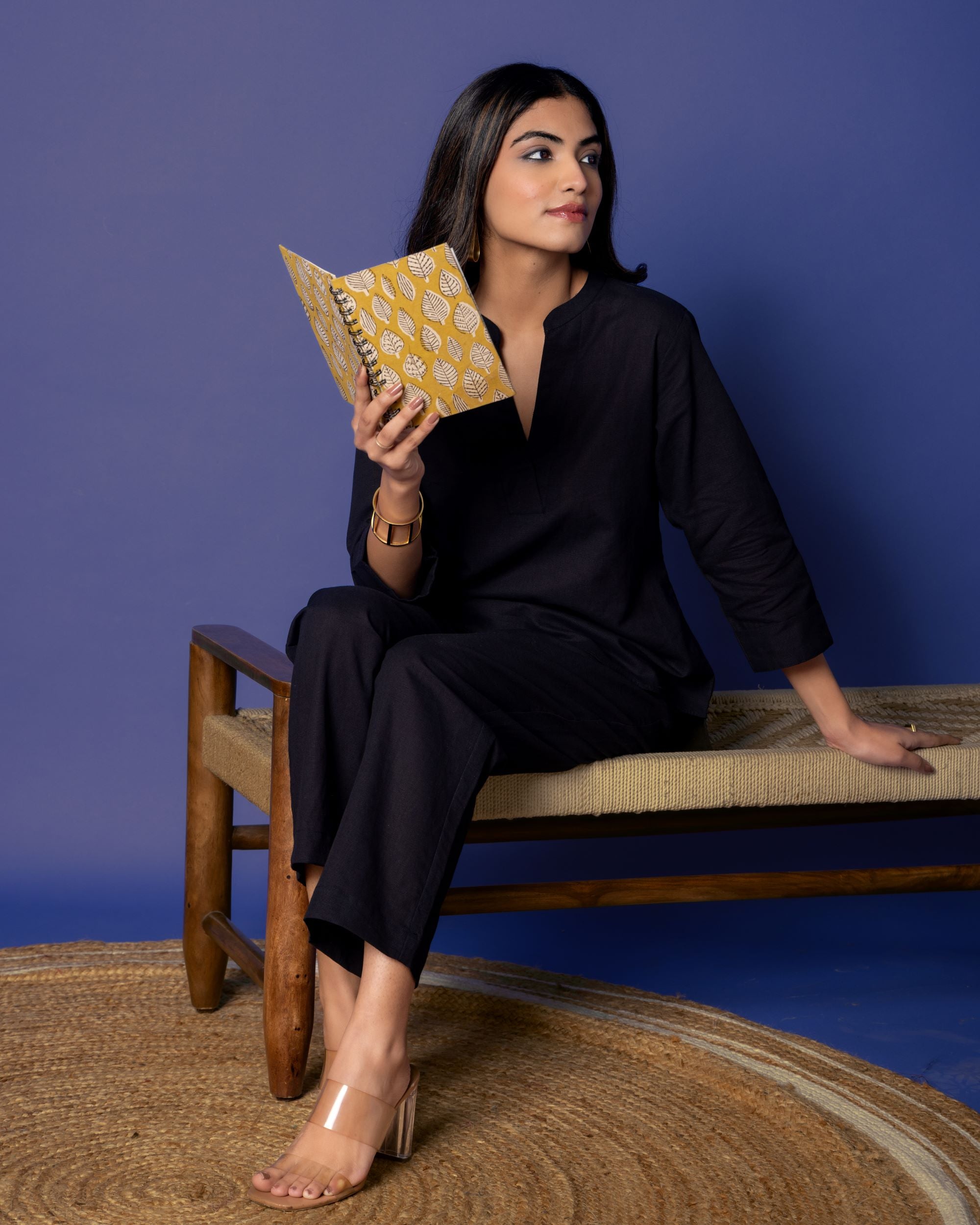Black Cotton Linen Collar Co-Ord Set For Women's