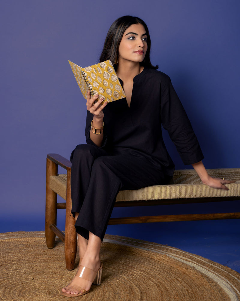 Black Cotton Linen Collar Co-Ord Set For Women's