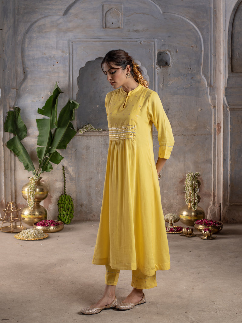 Yellow Jam Cotton Collar Neck Kurta Pant Set For Women's