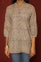 Multicoloured Cotton Collar Handblock Short Top For Women's