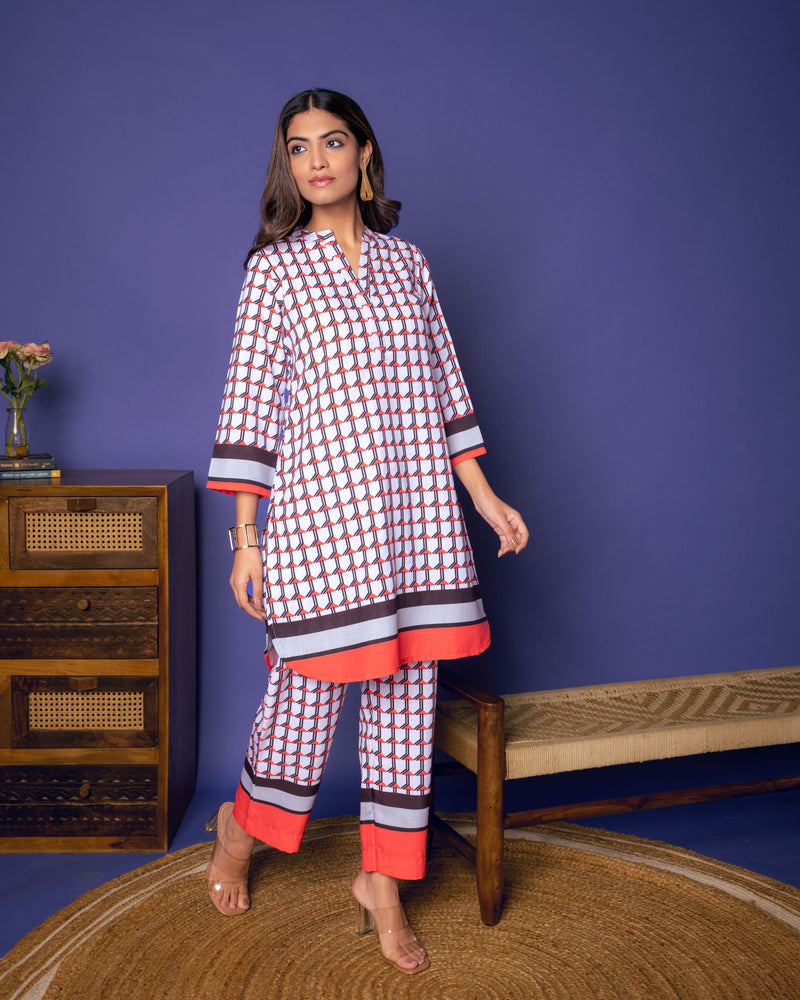 Multicolored Linen Blend Collar Abstract Print Co-Ord Set For Women's