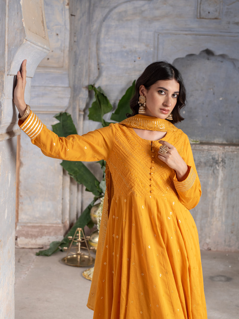 MUSTURD COTTON ROUND NECK KURTA PANT WITH KOTA DORIYA DUPATTA