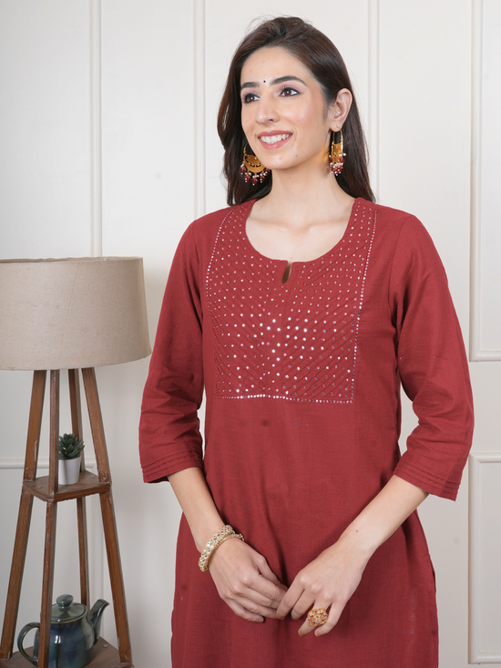 Maroon Cotton Round Neck Complete Suit Set For Women's