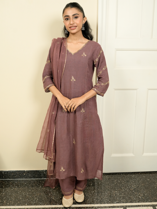 Wine Kota Doria Complete Suit Set