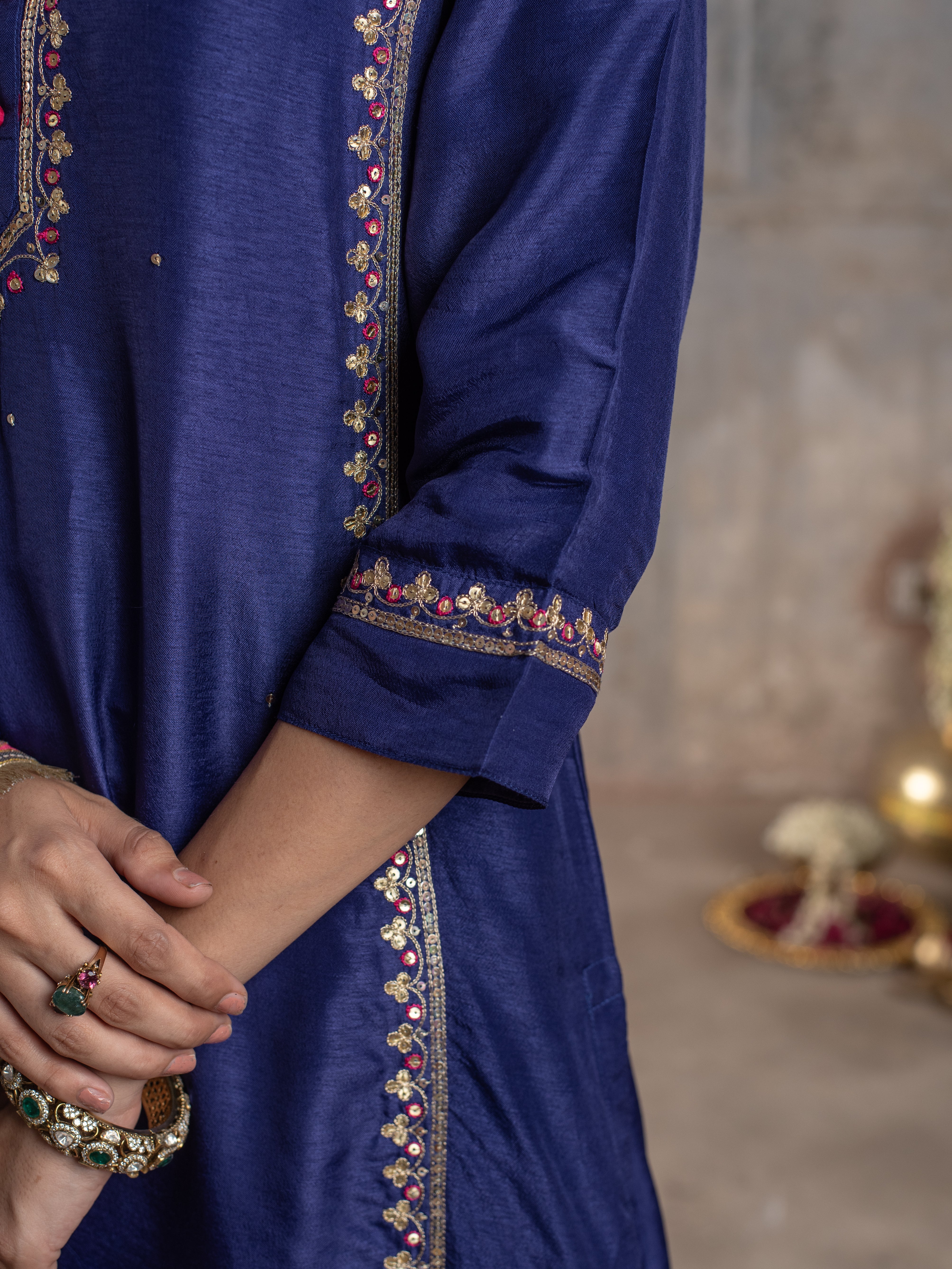 Purplish Blue Chanderi Round Neck Kurta Skirt with Dupatta Set For Women's