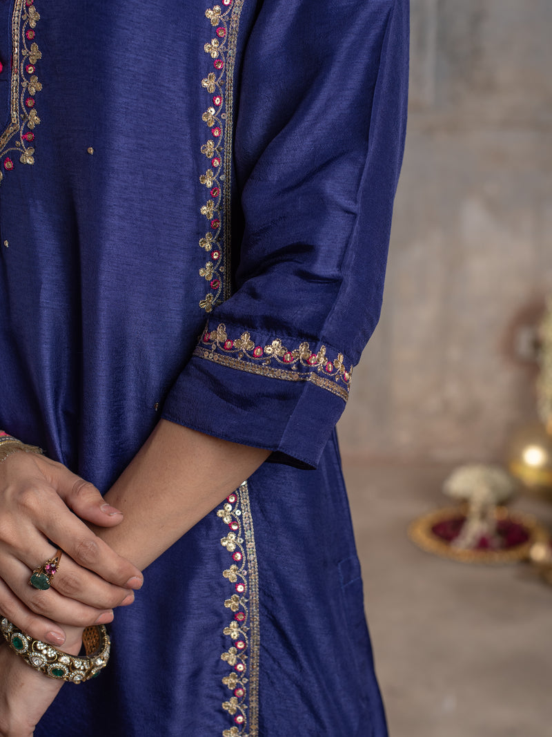 Purplish Blue Chanderi Round Neck Kurta Skirt with Dupatta Set For Women's