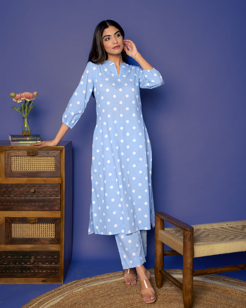 BLUE COTTON COLLAR NECK WITH POLKA PRINT KURTA PANT SET