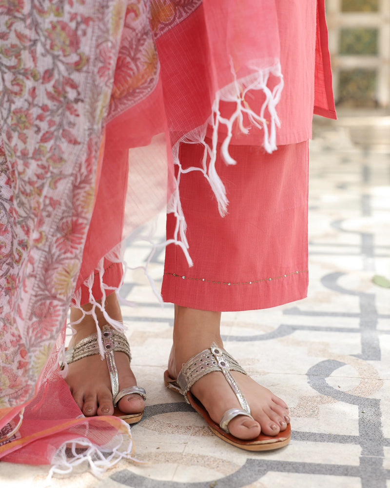 PEACH KURTA PALAZZO-COTTON SLUB WITH KOTA DORIYA DUPATTA