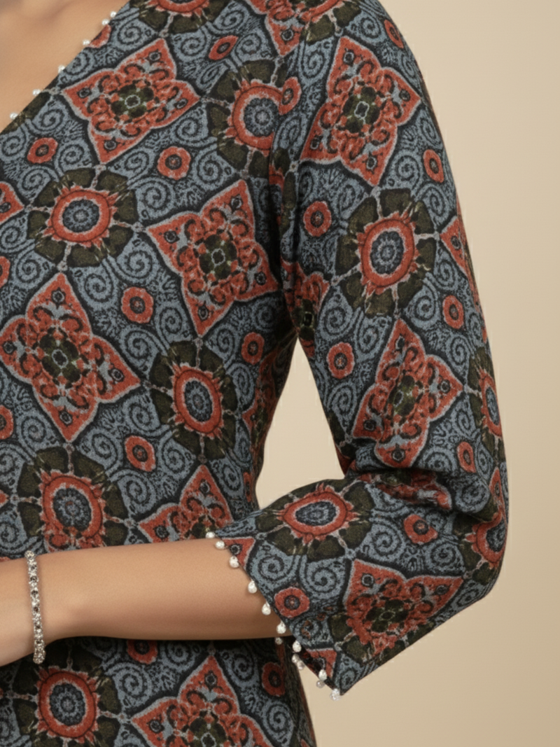 Blue Colour Cotton V-Neck Floral Print Bead Work Kurta For Women's