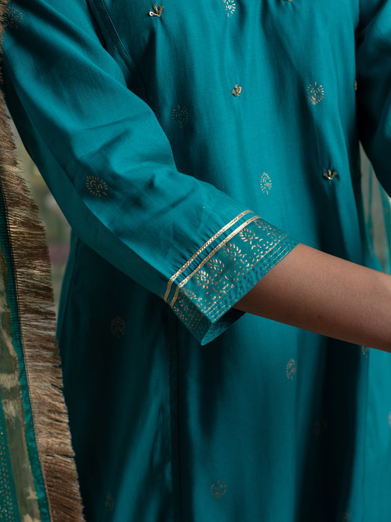 Rama Green Chanderi V-Neck Complete Suit Set For Women's