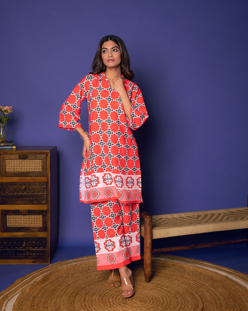 Multicolored Linen Blend Collar Abstract Print Co-Ord Set For Women's