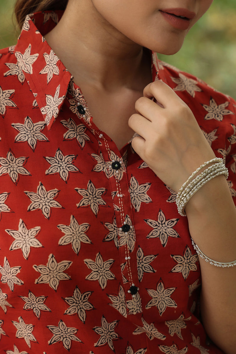 MAROON COTTON COLLOR NECK BAGRU HANDBLOCK PRINT CO-ORD SET