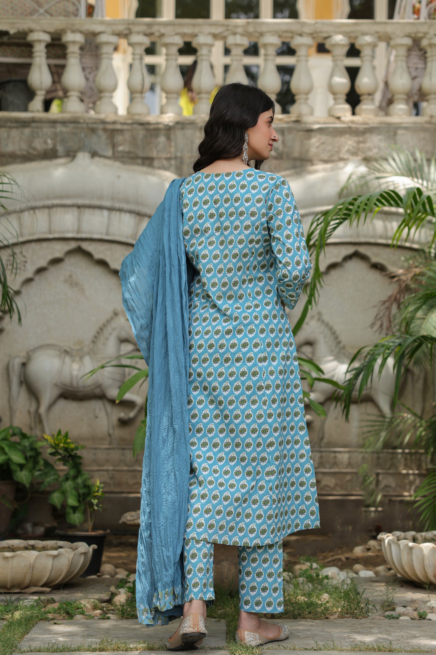 Powder Blue A-Line Kurta Pant Set With Dupatta