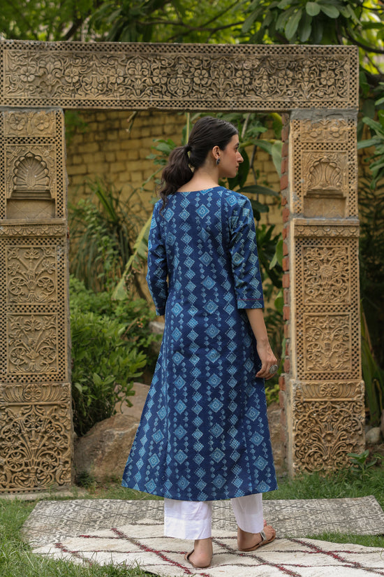 Indigo Handblock Kurta with Sequence and Mirror Work