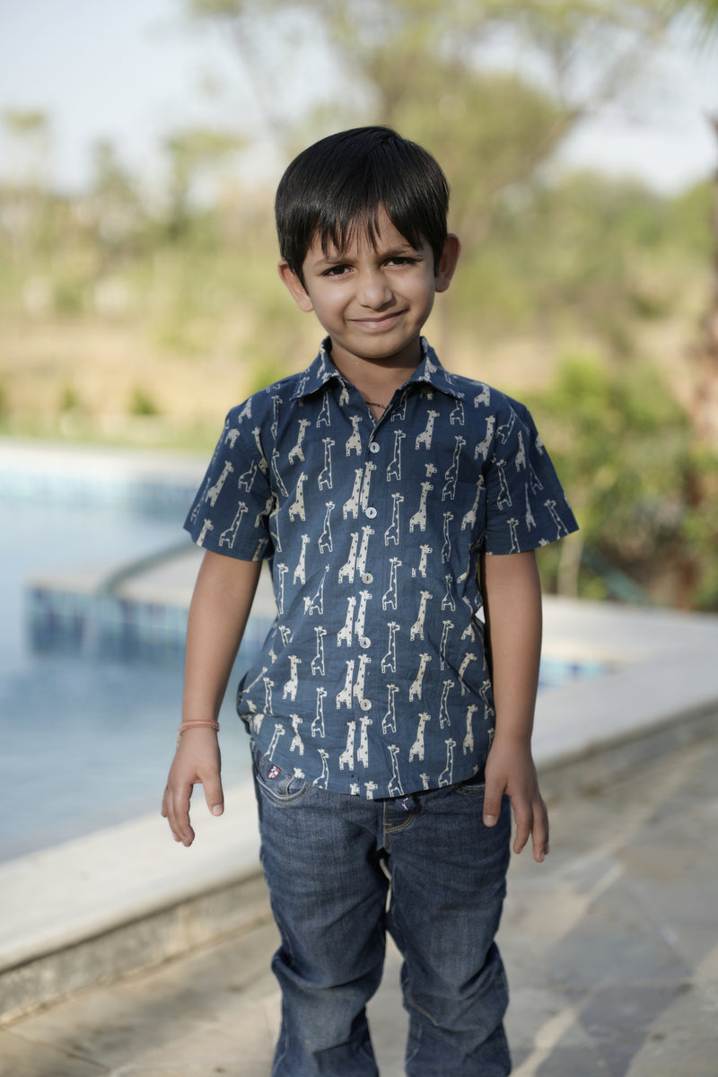 Blue Cotton Printed Shirt For Boys