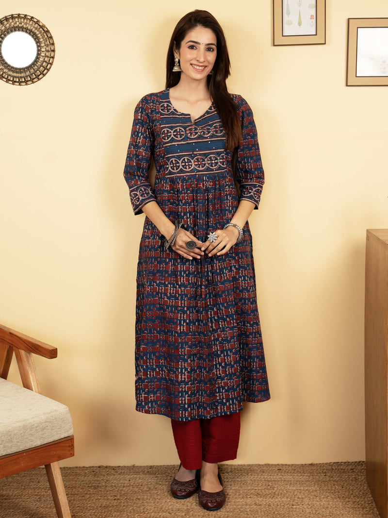 Indigo Colour Cotton Round With V-Neck Floral Print Mirror, Sequence And Pintucks