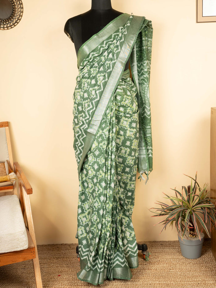 Olive Green Cotton Block Printed Saree
