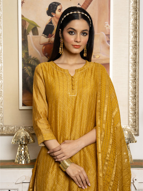 Mustard Tussar Silk Handblock Print Round With V-Neck Complete Suit Set For Women's