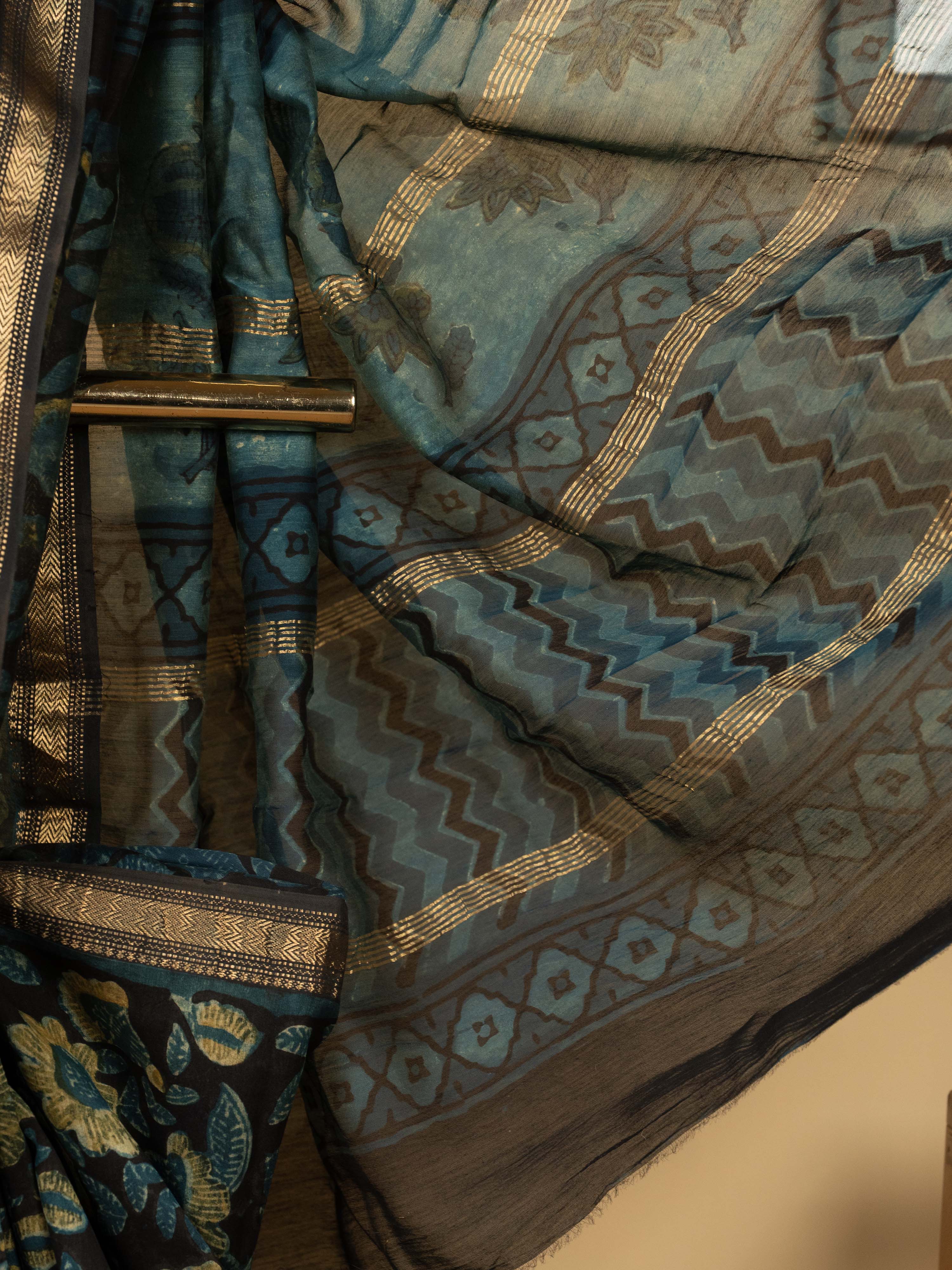 Black Color Chanderi Block Printed Saree