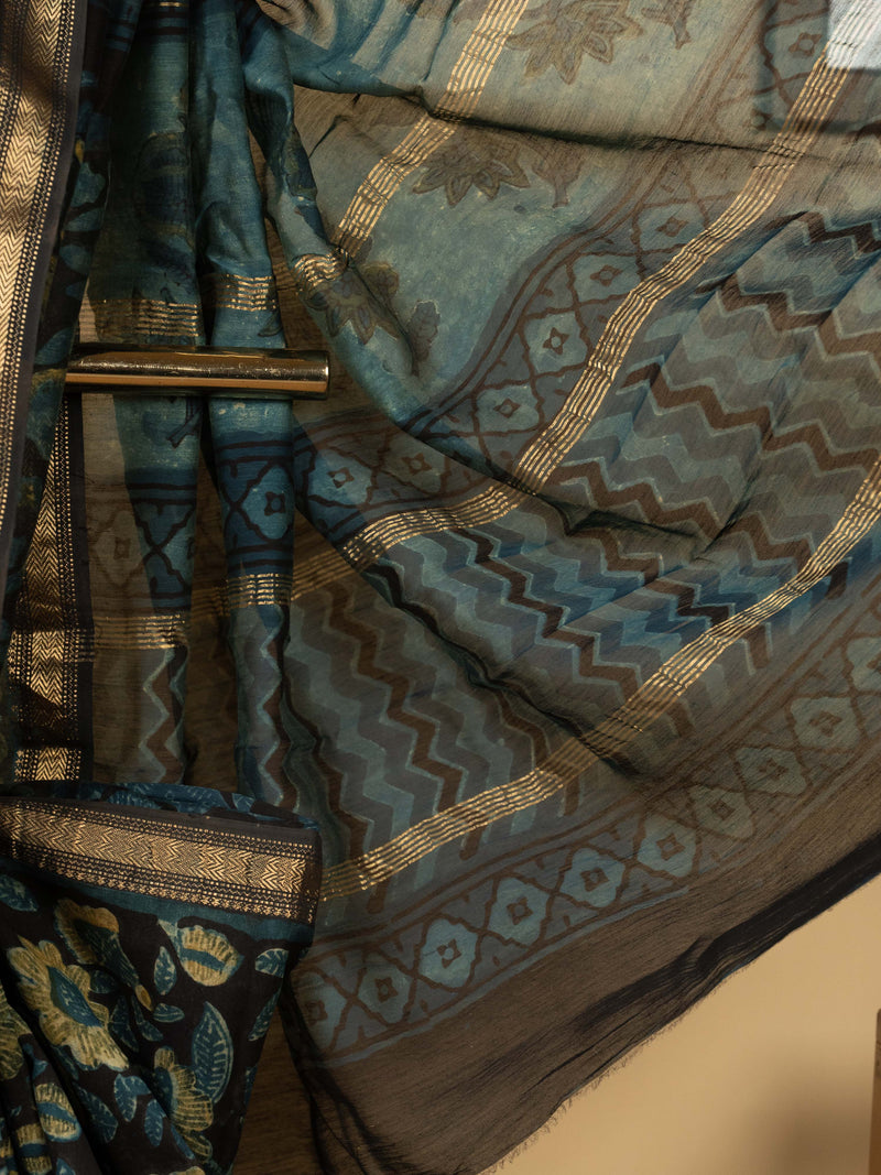 Black Color Chanderi Block Printed Saree