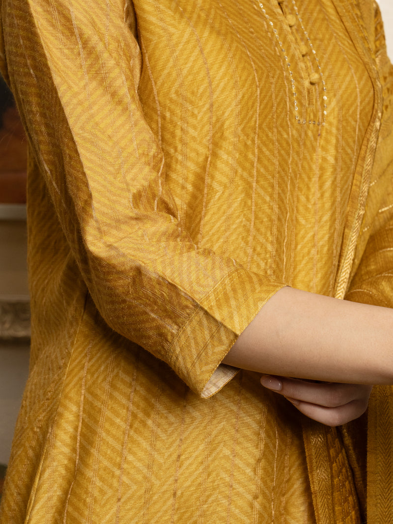 Mustard Tussar Silk Handblock Print Round With V-Neck Complete Suit Set For Women's