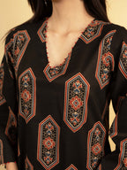 Black Colour Cotton V-Neck Abstract Print Bead Work Kurta For Women's