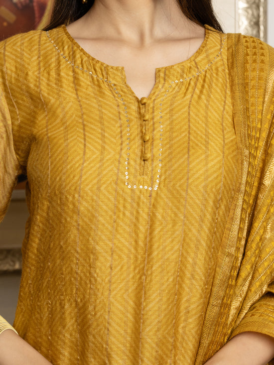 Mustard Tussar Silk Handblock Print Round With V-Neck Complete Suit Set For Women's