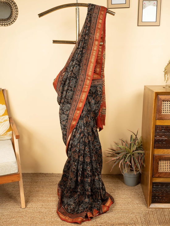Black Color Chanderi Block Printed Saree