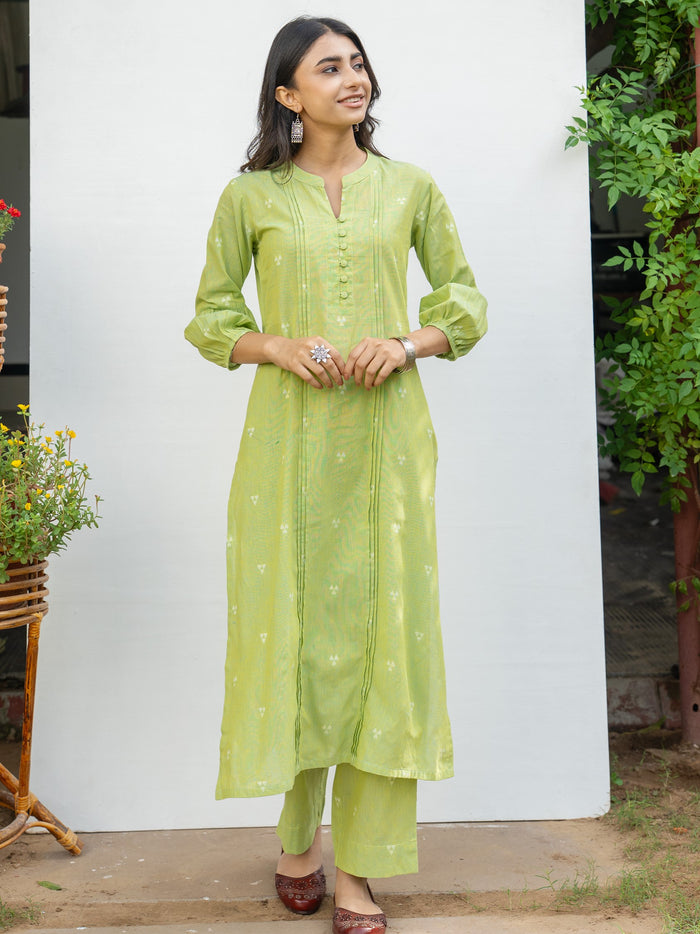 Green Cotton Handloom Kurta Pant Set For Women's
