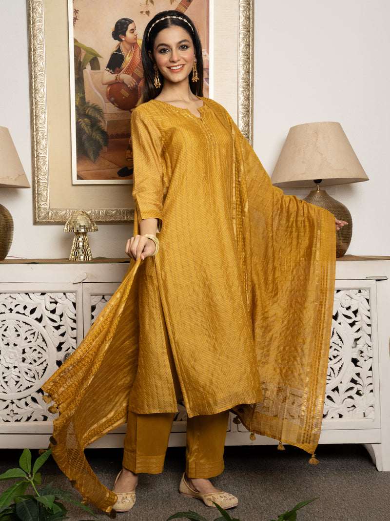 Mustard Tussar Silk Handblock Print Round With V-Neck Complete Suit Set For Women's